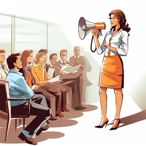 An illustration of a woman speaking with a megaphone in front of a group of people.